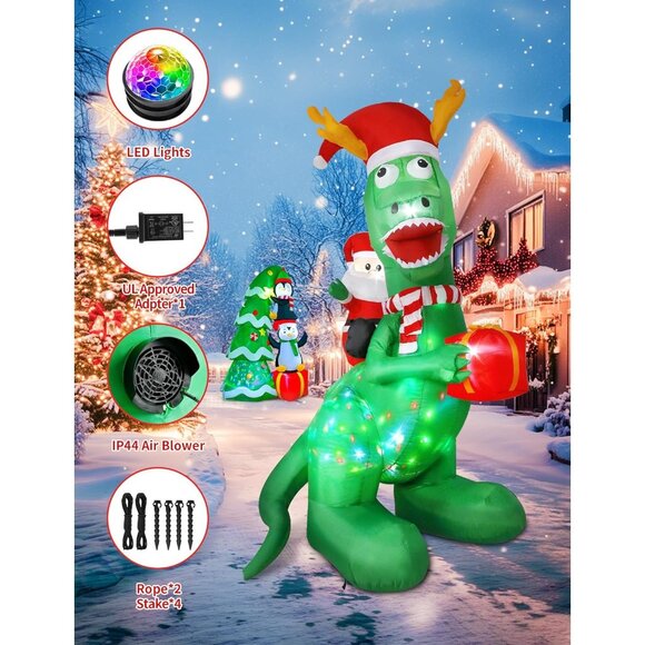 🆕8ft Christmas Inflatable Santa Riding Dinosaur Holding Gift Outdoor Decoration - Picture 6 of 9